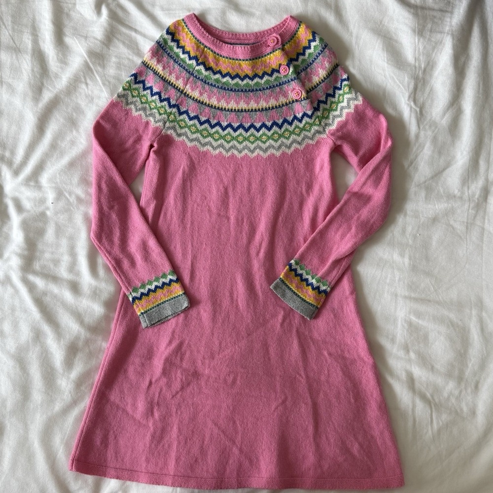 Mini Boden Girls 9-10Y Wool Blend Pink Multicolor Fair Isle Sweater Dress Nordic